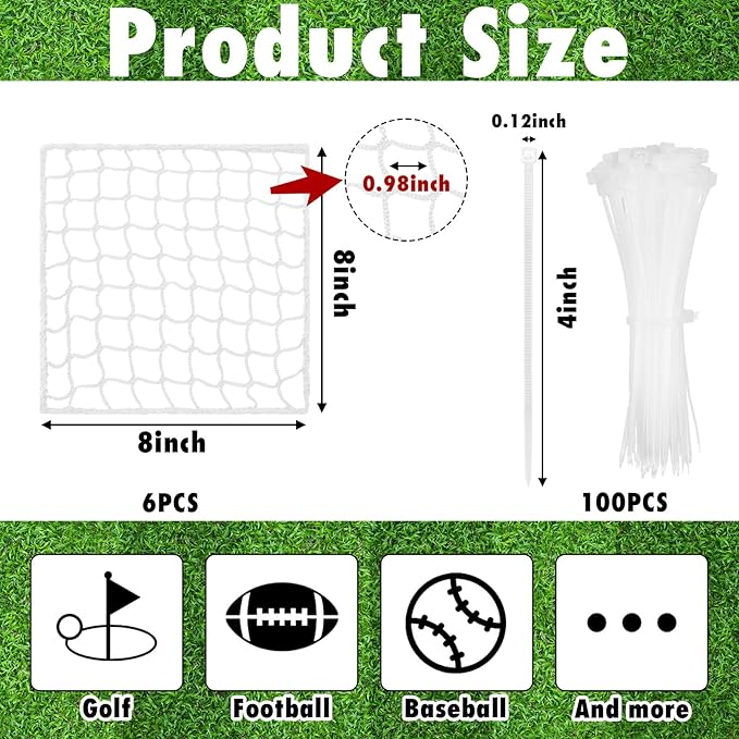 6 Pcs Universal Net Repair Kits with 100 Pcs Zip Ties Golf Goal Nylon Netting Hole Replacement Patch for Baseball Batting Cages Hockey Football