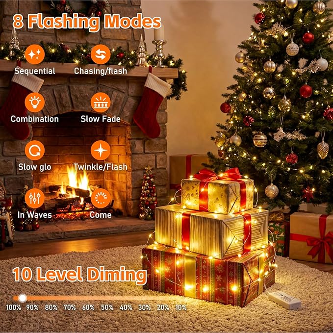 4 Pack 50 LED Fairy Lights Battery Operated with DIY Timer, 16FT Rechargeable Indoor String Lights, 8 Modes Mini Twinkle Lights for Tree Craft Bedroom Vase Wedding Party Decor, Warm White