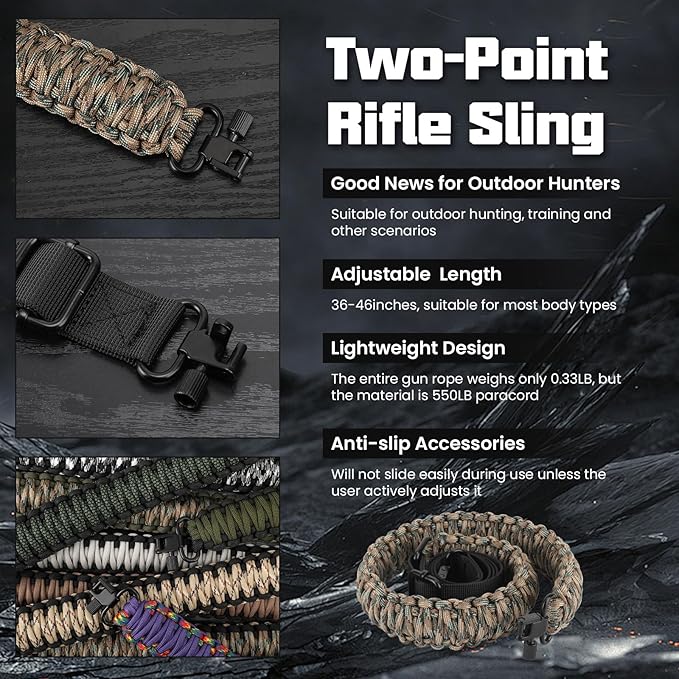 Double Braide 550LB Shotgun Sling 2 Point Paracord Rifle Sling,Non-Slip Traditional Adjustable Gun Sling for Hunting Shooting Camping