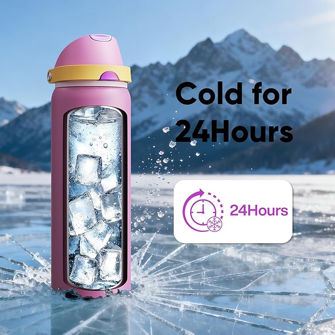 Insulated Water Bottle with Straw - Encool Stainless Steel Water Bottle with Push Button Lid, Leak-Proof & BPA-Free, Keeps Cold for 24 Hours for Sports, Travel, Gym (32 oz, Light Orchid-Fuchsia)