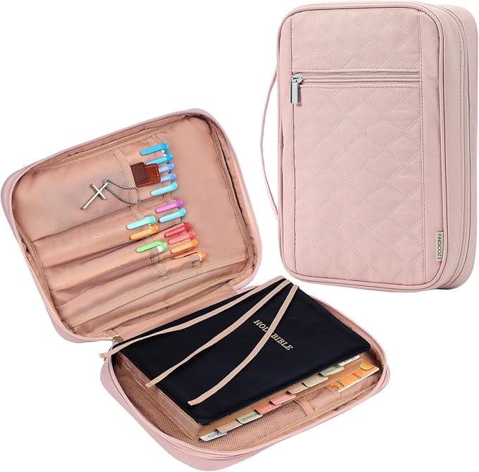 FINDCOZY Bible Cover for Women, Durable Carrying Book Case Church Bag for Biblical Accessories with Handle and Zippered Pocket, for Scriptures, Pink