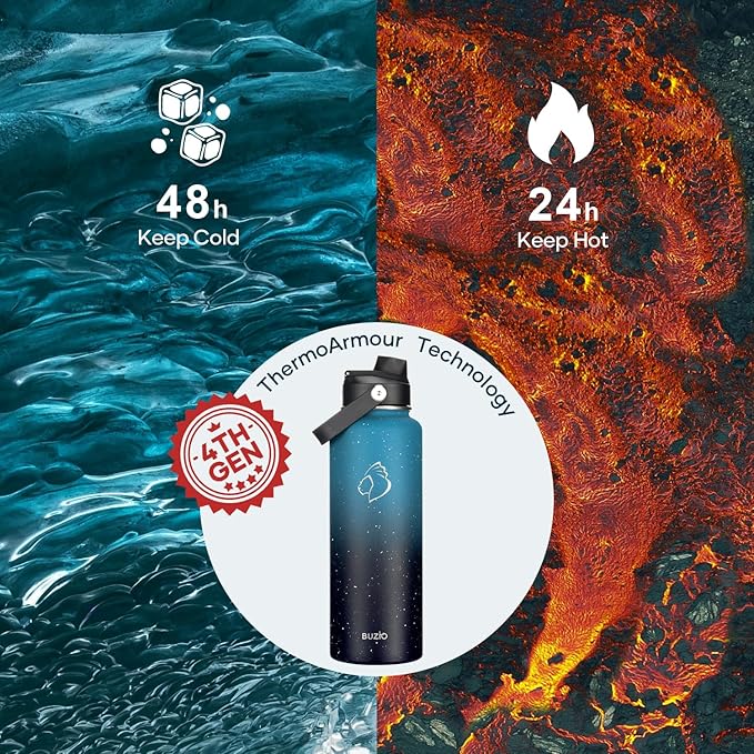BUZIO 40oz Insulated Water Bottle with Straw, Stainless Steel Double Wall Sports Wide Mouth Water Bottle, BPA-Free Flex Cap and Straw Lid, Keep Cold for 48 Hrs, Hot for 24 Hrs, Starry Indigo