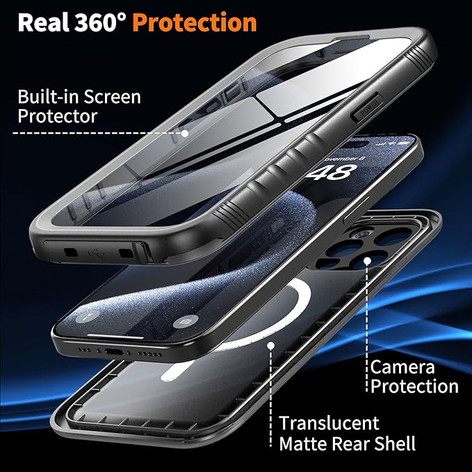 Cozycase for iPhone 15 Pro Waterproof Shockproof Dustproof Case [Compatible with MagSafe] - Heavy Duty/360 Full Body/Military Grade/Rugged Built in Screen/Camera Protector with Lanyard Black