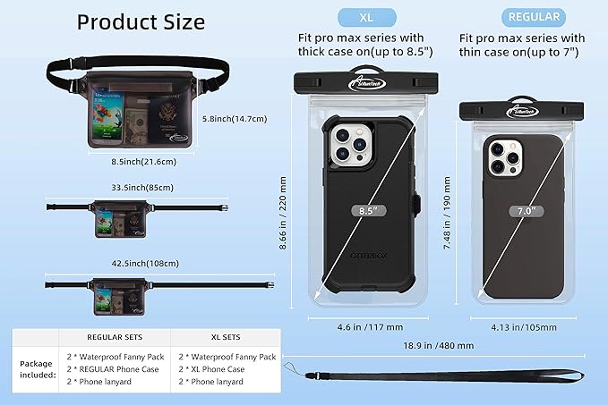 AiRunTech Waterproof Fanny Pack,Waterproof Phone Pouch for iPhone 16 15 14 13 12 11 Pro Max,IPX8 Dry Bag for Snorkeling Beach Cruise Kayaking Pool Swimming(Two Phone Cases+Two Waist Bags Set)