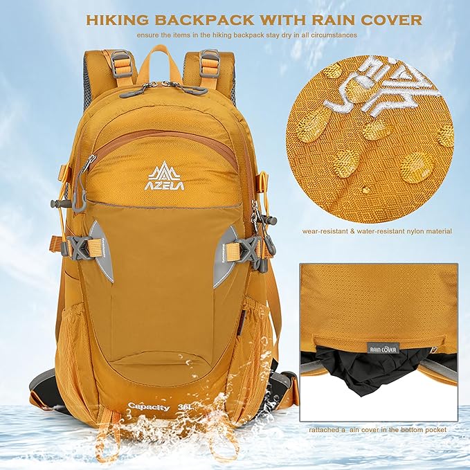 35L Hiking Backpack Detachable Frame Backpack with Rain Cover Waterptoof Travel Backpack for Women Men Daypack for Camping (Yellow)