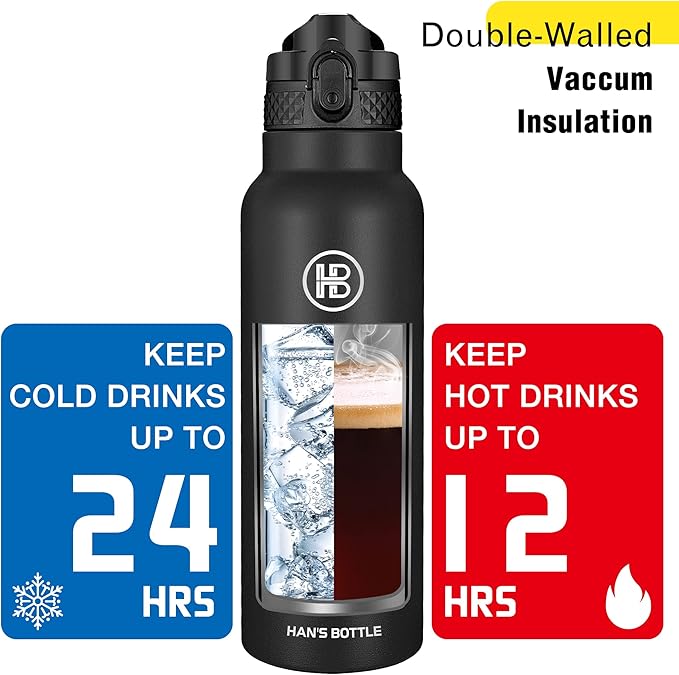 Han's Bottle Sports Water Bottle - 24 Oz, Straw Lid, Leak Proof, Vacuum Insulated Stainless Steel, Double Walled, Thermo Mug,Black