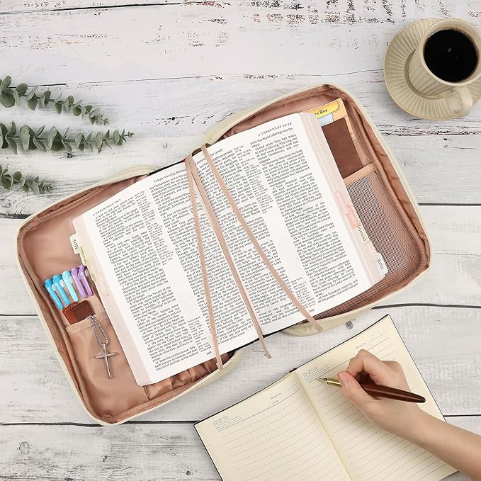 FINDCOZY Bible Cover for Women, Durable Carrying Book Case Church Bag for Biblical Accessories with Handle and Zippered Pocket, for Scriptures, Taslan Beige