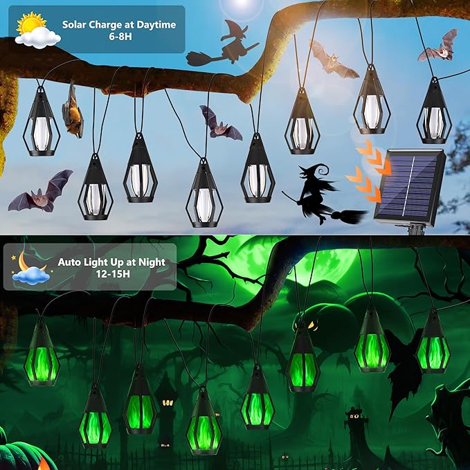 Solar String Lights for Outside, 33Ft Solar Patio Lights with 15 Flickering Flame Light Bulbs, Waterproof Green Solar Powered Outdoor Lights for Garden Yard Patio Gazebo Bistro Cafe Porch Party Decor