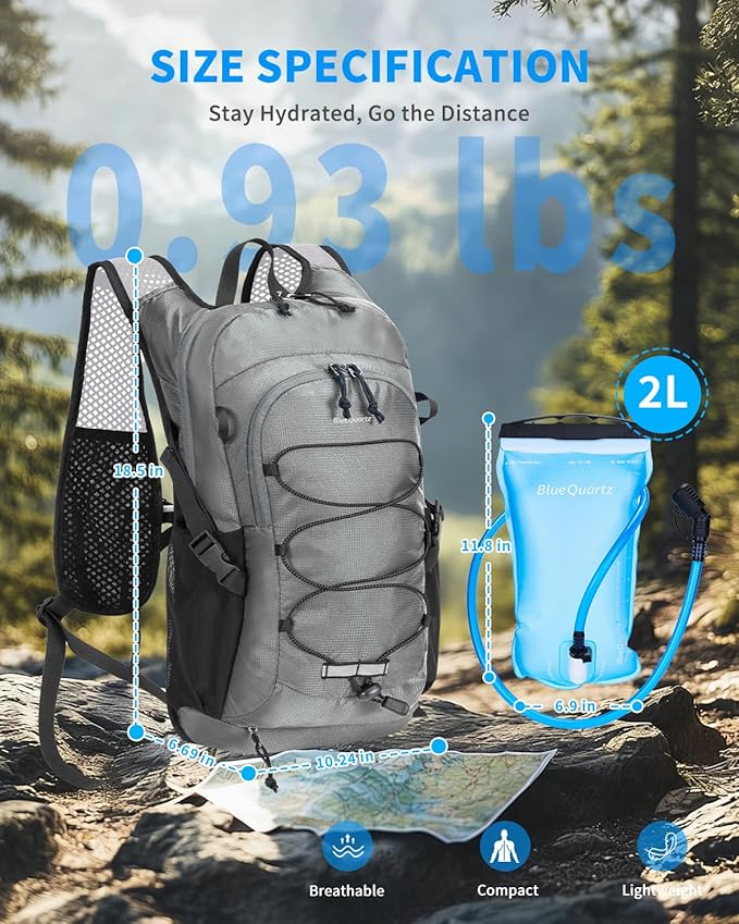 Blue Quartz Hydration Backpack with 2L Water Bladder, 18L Hiking Backpack for Women Men, Lightweight Water Pack with Phone Pocket for Quick Access, Hydration Pack for Cycling, Running, Biking