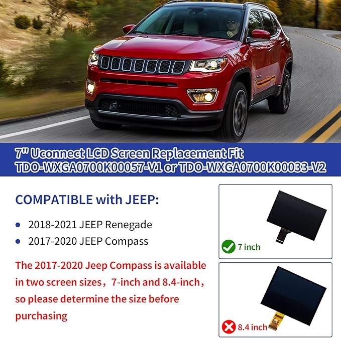 TsuperU 7" Uconnect Screen Replacement Fit 2017-2020 Jeep Compass Radio Touch Screen, LCD Display and Digitizer for Jeep Renegade Touchscreen Navigation TDO-WXGA0700K00033-V2 TDO-WXGA0700K00057-V1