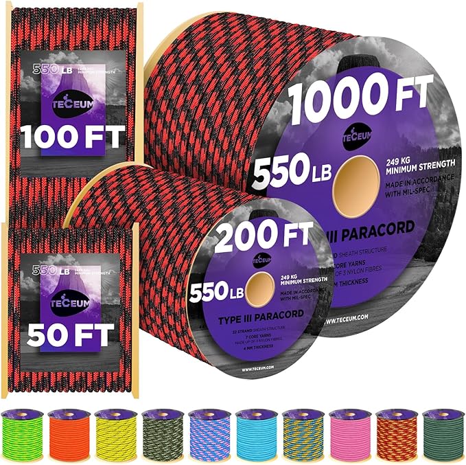 TECEUM Reflective Paracord Rope 1000 – 1000ft/200ft/100ft/50ft – 40+ Colors – Glow in The Dark – para Cord – Utility Rope for Survival, Hunting & Camping Gear – Nylon String, Camping Rope, Tent Cord