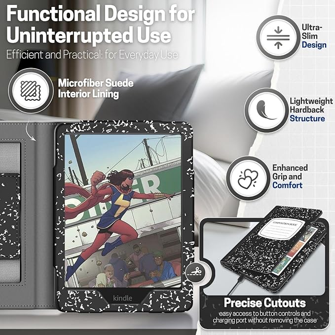 TNP Stand Case for Kindle Paperwhite 12th Generation 2024 / Kindle Colorsoft Signature Edition with Hand Strap - 7" PU Leather Protective Folio Cover with Auto Wake/Sleep, Composition Book Black
