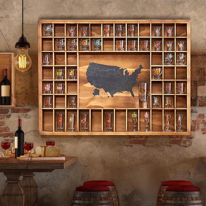 Large Shot Glass Display Case with US Map,60 Slots, 34 X 26 Inch Rustic Wood Shot Glass Display Cabinet for 2 Size -In Rooms Bars Wine Cellars with Shot Glasses Jewelry Shell & Keepsakes
