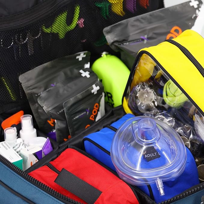Lightning X Fully Stocked X-Tuff Modular Oxygen Trauma Bag w/Removable Organizer Pouches for EMS/EMT + First Responder - Blue