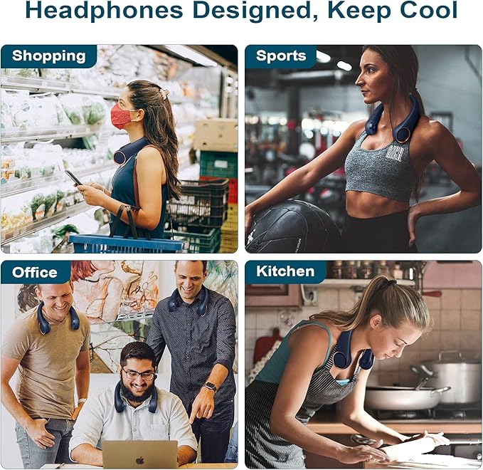 CIVPOWER Neck Fan: Portable Personal Neck Cooling Rechargeable Bladeless Fan - Hands Free 3 Speed 4000 mAh Battery USB Operated Wearable Headphone Design - Gift for Men Women Outdoor (Dark Blue)
