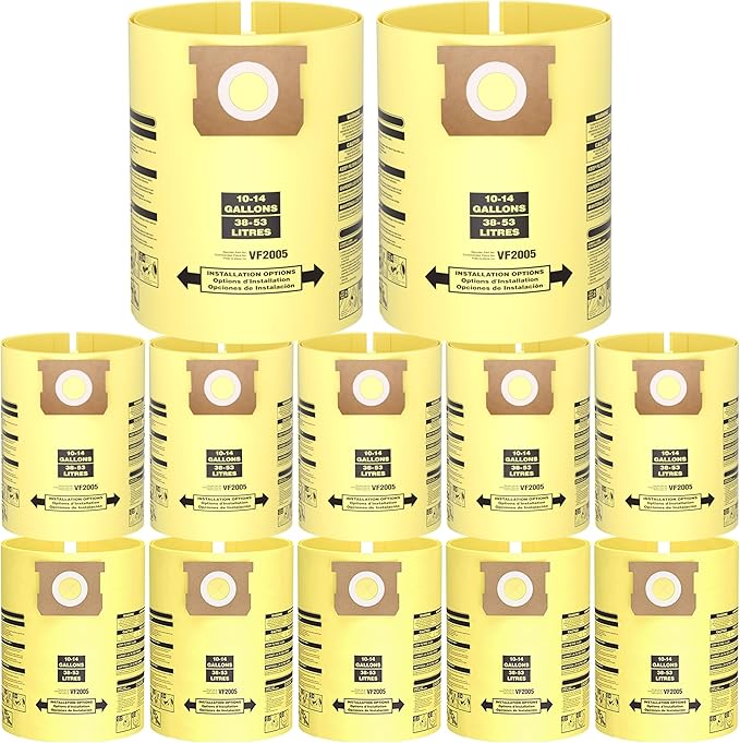 12 Pack 10-14 Gallon Vacuum Bags For Shop Vac Bags, Disposable Wet Dry Vaccum Collection Bags Replace Part Type I #90672 9067200, Type F #90662 9066200 9066233, VF2005 (Yellow)