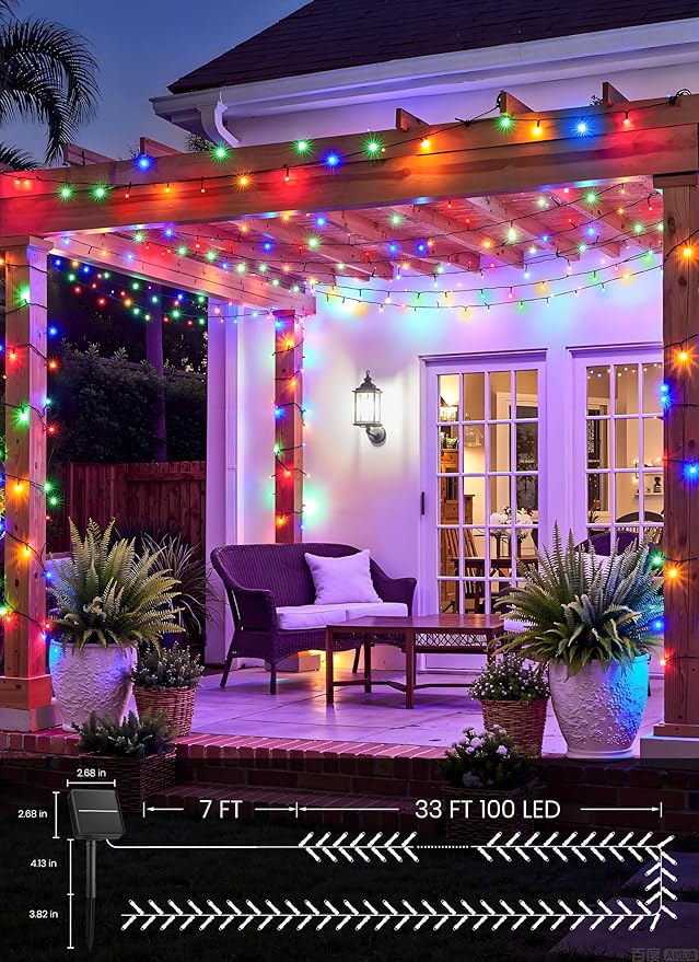 Brightown Solar String Lights Outdoor, 2 Pack Total 80FT 200 LED Solar Powered String Lights Waterproof with 8 Modes, Auto On/Off, Patio Lights for Outside Tree Garden Balcony Party Decor (Multicolor)