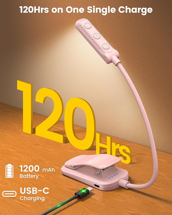 Glocusent 13 LEDs Book Lights for Reading at Night, 120 Hrs Runtime Rechargeable Reading Light, Eye Caring 3 Colors & 5 Stepless Dimming Brightness 3–60LM, Flexible Clip on Light for Book Lovers Kids