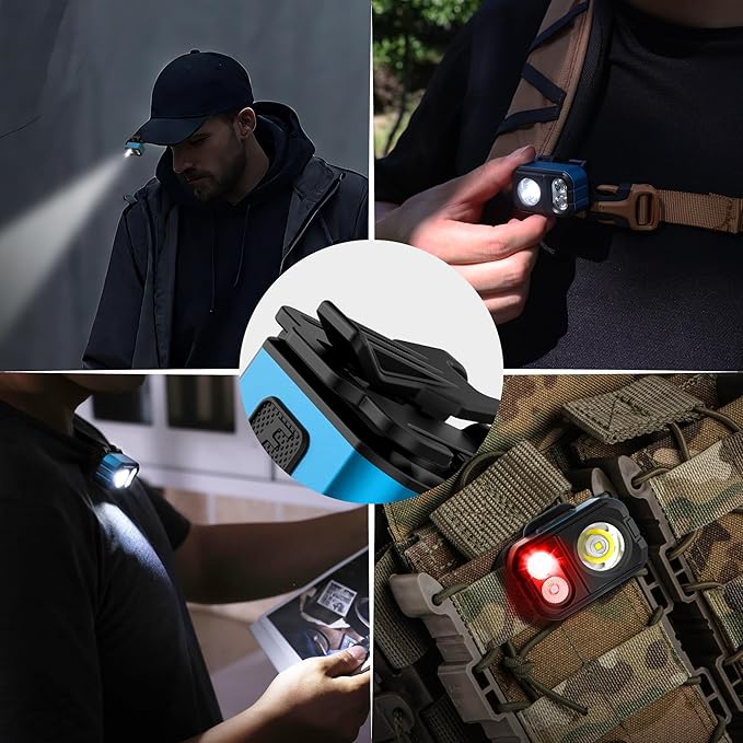 EverBrite 400LM Rechargeable Headlamp, 1.59 oz Lightweight & Comfortable Head Lamp with Hat Clip, IP67 Waterproof, White/Red/Green Light, 7 Modes for Running, Camping and Backpacking-Blue
