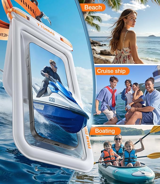 TORRAS IP68 Waterproof Phone Pouch Double Space, Floating Waterproof Phone Case with Lanyard for iPhone 17 Pro Max 16 15 14 S26 S25, Phone Dry Bag Vacation Cruise Ship Travel Essentials 7.0'', White