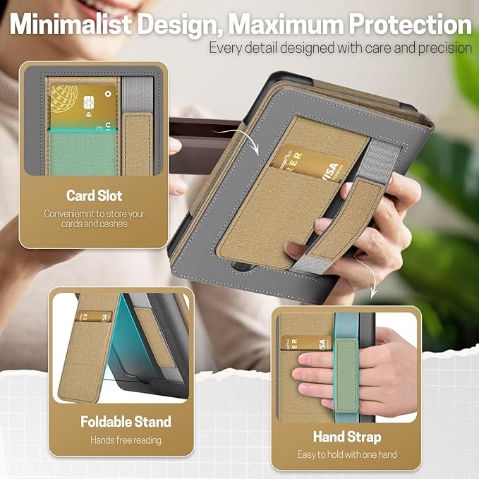 TNP Stand Case with Strap for Kindle Paperwhite 12th Gen 2024 / Kindle Colorsoft Signature Edition - 7" PU Leather Protective Folio Cover with Auto Wake/Sleep & Card Slot, Gold