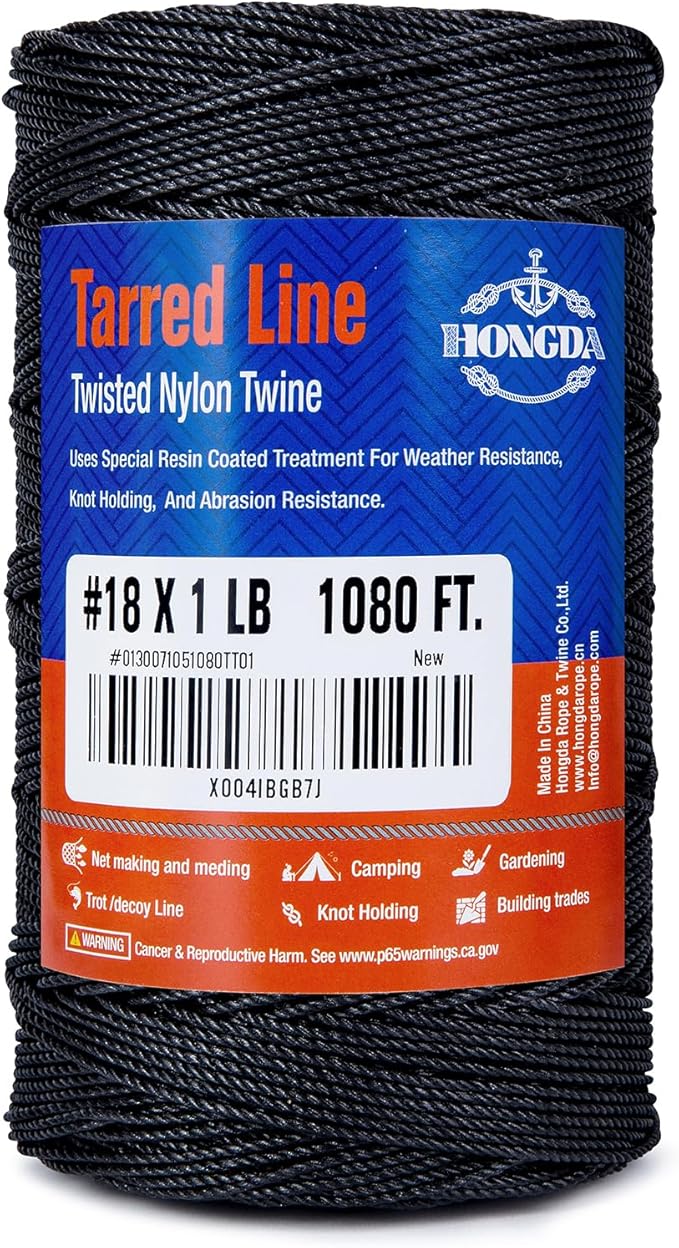 HONGDA Tarred Twine, 1080 Feet Nylon Twine #18 Bank Line-Black Nylon String 1.5mm, Black Strong Twisted Seine Rope Ideal for Gardening, Construction, Gear Tying, Jungle Survival