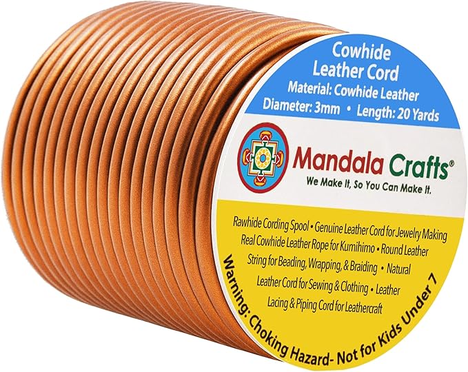 Mandala Crafts Round Genuine Copper Leather Cord for Jewelry Making – 3mm Cowhide Leather Rope String Lace for Kumihimo – 20 Yards Cowhide Craft Cording Spool