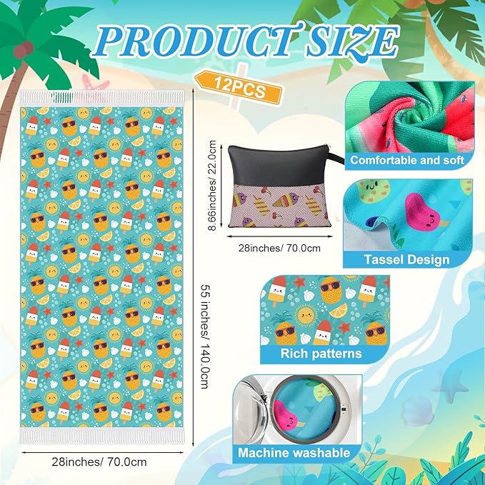 Peryiter 24 Pack Microfiber Oversize Turkish Beach Towel Set 12 Large Absorbent Beach Towels with 12 Storage Bag 28 x 55 Quick Dry Lightweight Bath Towel Blanket for Hawaii Camp Swim Pool(Ice Cream)