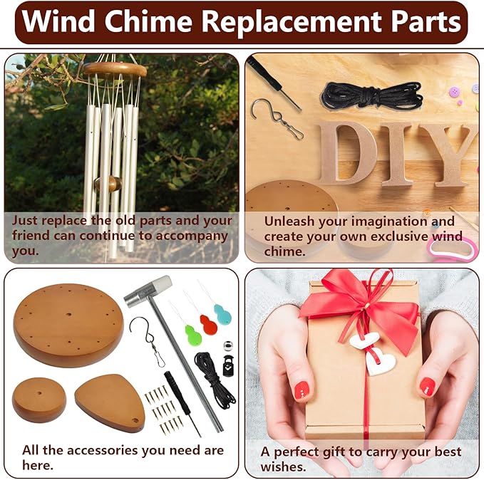 Wind Chime Replacement Parts, 28 PCS Windchime Repair Kit Including Round Top, Clapper, Wind Catcher, 19.6FT Nylon Cord, DIY Wind Chime Supplies (Yellow)