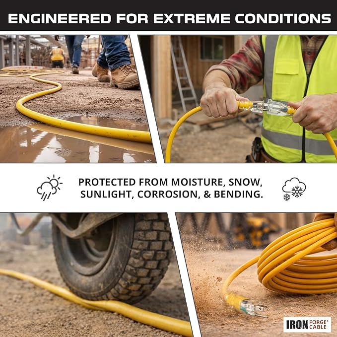 Iron Forge Cable 50 Foot Lighted Outdoor Extension Cord - 12/3 SJTW Heavy Duty Yellow Extension Cable with 3 Prong 15 AMP Grounded Plug for Safety