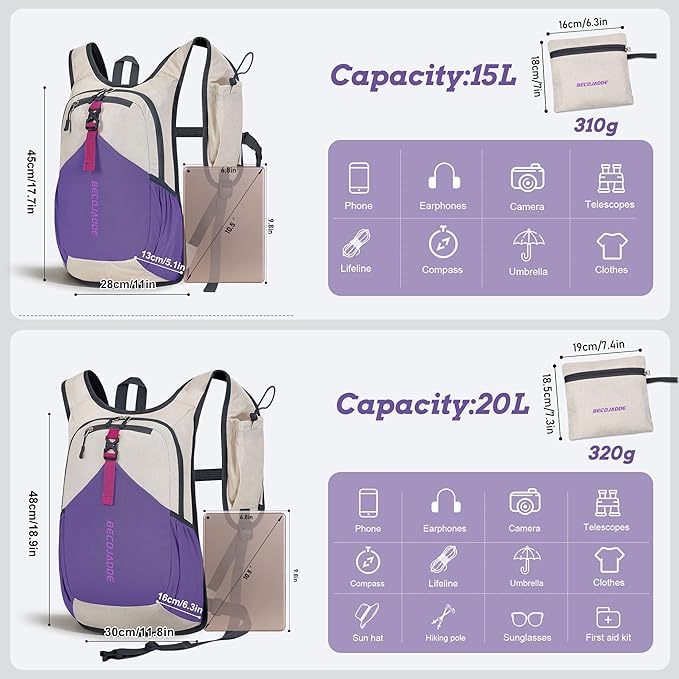 BECOJADDE 20L Small Hiking Backpack for Men Women Foldable Packable Back Pack Ultralight Hiking Daypack for Travel Camping Outdoor, Beige Purple