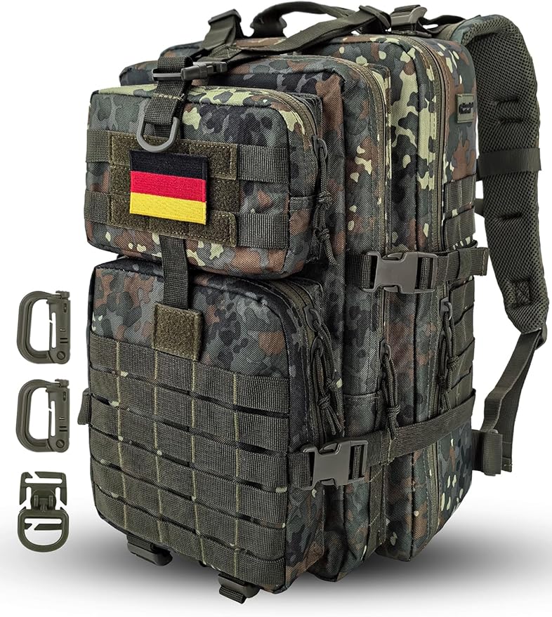 Hannibal Tactical MOLLE Assault Backpack, Tactical Backpack Military Army Camping Rucksack, 3-Day Pack Trip w/USA Flag Patch, D-Rings, Flecktarn