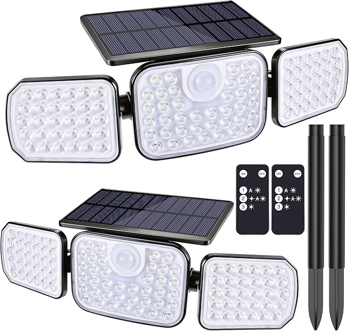 BrizLabs Solar Outdoor Lights, 3 Modes Motion Sensor LED Security Lights with Remote, 3 Head 360° Wide Angle Flood Wall Light, Dual Mount IP65 Waterproof Outdoor Lighting for Garage Patio Yard, 2 Pack