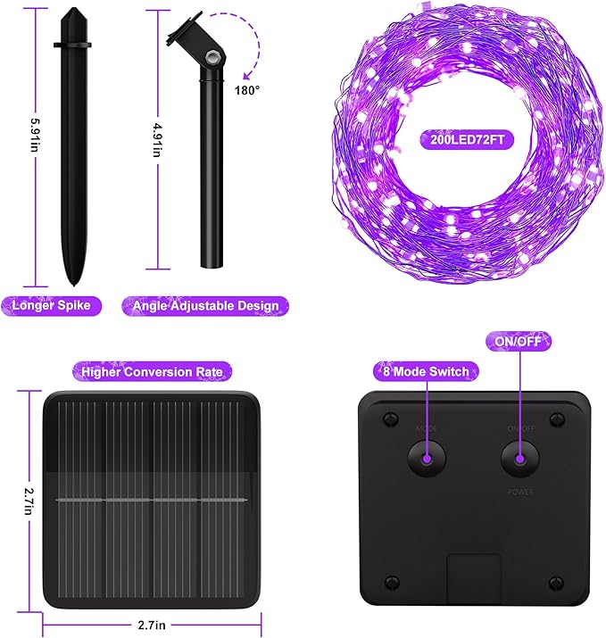 Selarlyt Solar String Lights for Outside, 72Ft 200 LED Solar Fairy Lights with 8 Modes, Solar Powered Fairy Lights Waterproof for Waterproof for Christmas Tree Garden Party Wedding Decor.（Purple）