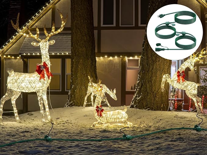 25Ft Outdoor Extension Cord Multiple Plugs- Evenly Spaced 3 Outlets Plugs with Safety Cover, 16/3 SJTW Green Outdoor Extension Cord for Landscape, Christmas Tree Lights, Holiday, ETL Listed