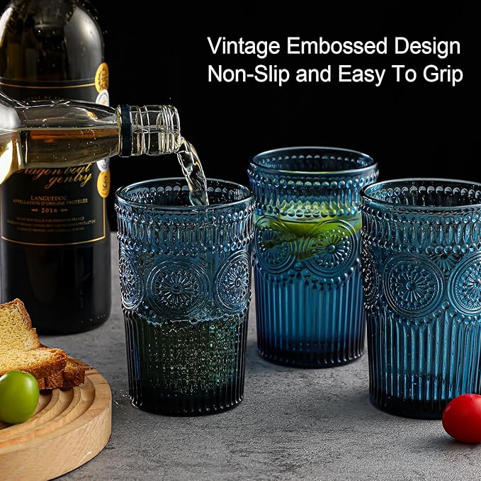 ZMOWIPDL Vintage Glassware Drinking Glasses Set of 6,13 oz Blue Textured Flower Design Glass Water Tumblers，Embossed Striped Drinkware for Water,Cocktails,Juice,Iced Coffee