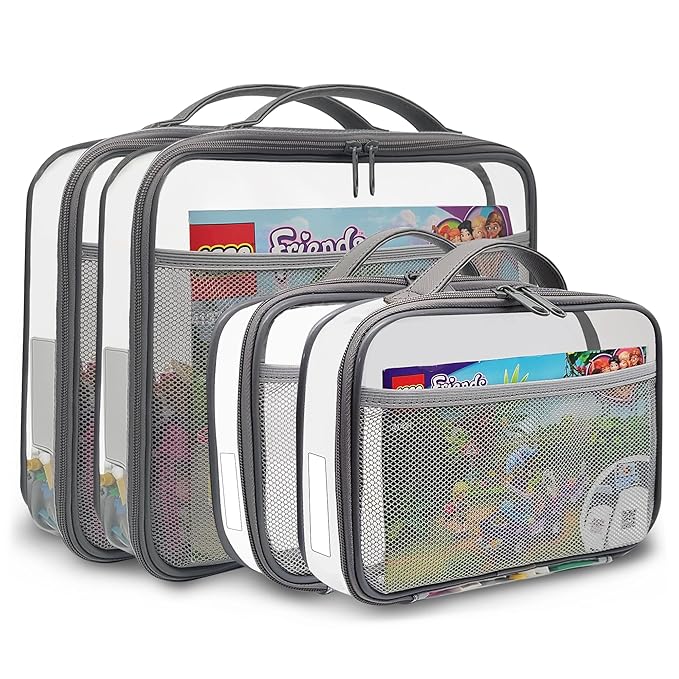 holay 4 Packs PVC Toy Storage Organizer with Zipper, Name Tag & Manual Pocket, Clear Durable Case for Blocks, Clay, Board Games, Travel (Gray, Small, Large)