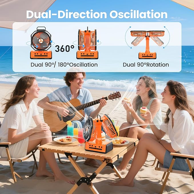 Dual Head Portable Rechargeable Fan 20000mAh Battery Powered Camping Fan Cordless with LED Lantern & Remote, Auto Oscillation, Hook, Battery Operated for Tent Office Travel Picnic Jobsite Orange