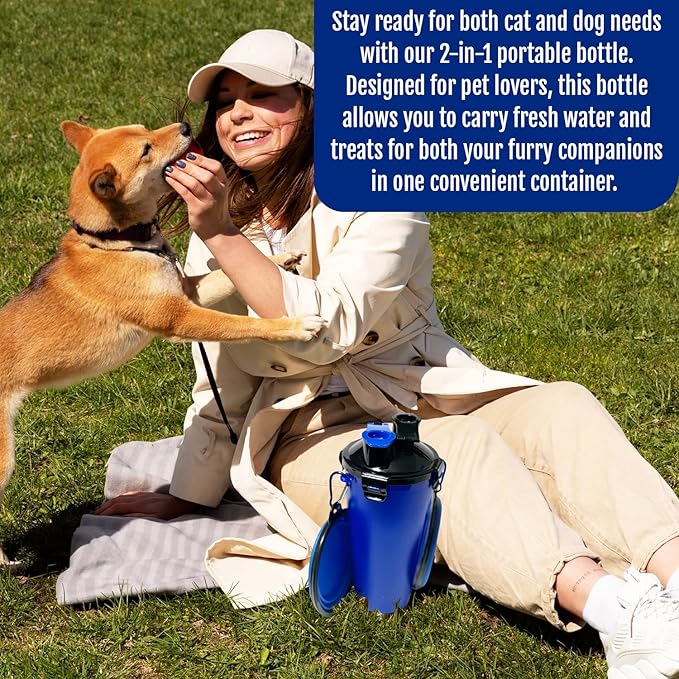 Dog Travel Water Bottle W/Collapsible Bowls - Portable 2 in 1 Leakproof Pet Water Bottle Food Container Ideal for Travel, Outdoor Portable Water Bowls for Walking, Camping & Hiking - (Blue)