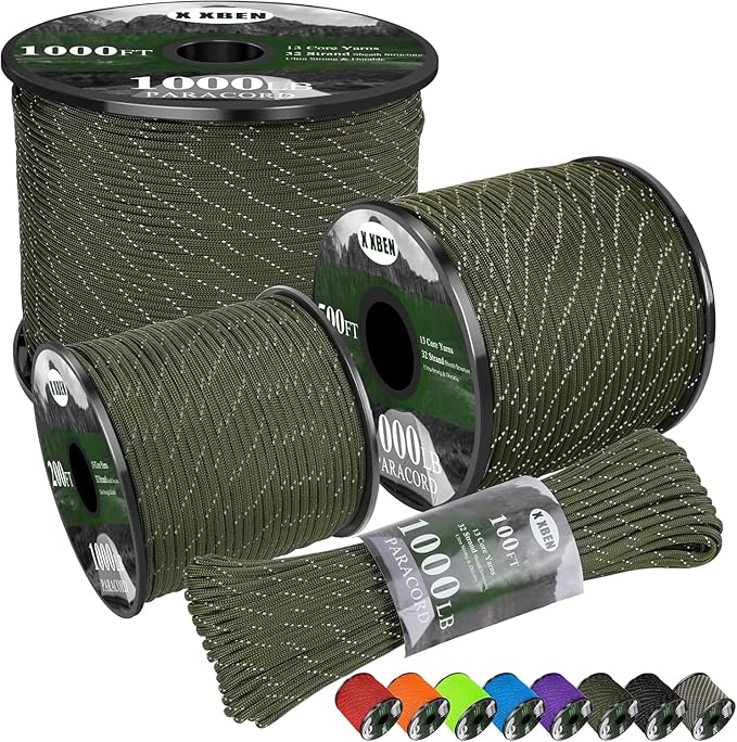 Paracord Reflective 4mm 1000lb, Paracord Rope, Parachute Cord, Camping Rope, Ideal Paracord String, 50/100/200/500/1000ft (Olive, 50ft)