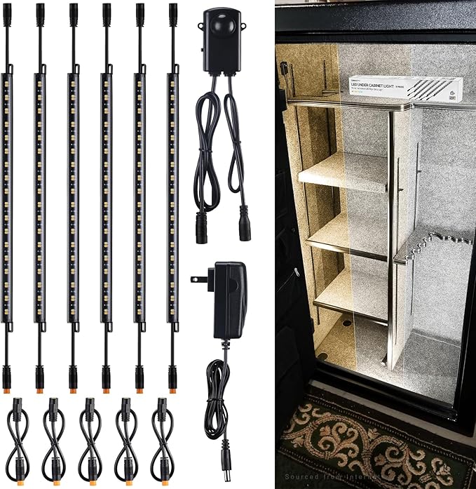 TORCHSTAR LED Safe Lighting Kit 3CCT, (6) 12 Inch Linkable Light Bars, Motion Sensor, 3000K/4000K/5000K Selectable, 900LM Safe Light Kit for Gun Safe Under Cabinet Locker Closet, UL Power Adapter