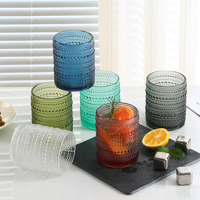 KMIGRUAN Colored Hobnail Drinking Glasses Set of 6,12oz Vintage Kitchen Glassware,Embossed Beaded Glass Cups,Water Tumbler for Cocktail,Juice and Various Mixed Drinks