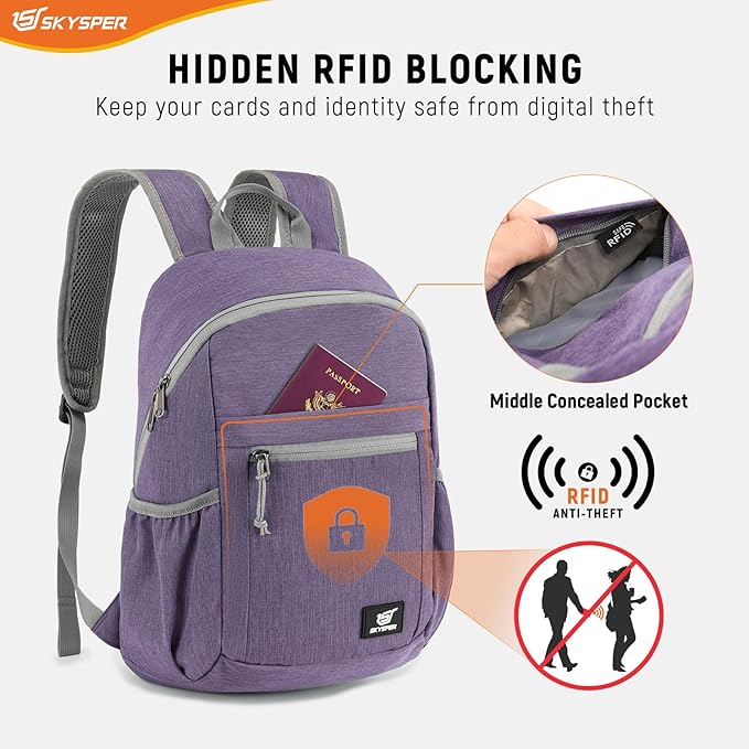 SKYSPER Anti Theft Hiking Backpack, 18L RFID Packable Travel Daypack, Lightweight Foldable Back Pack for Walking Daytrip