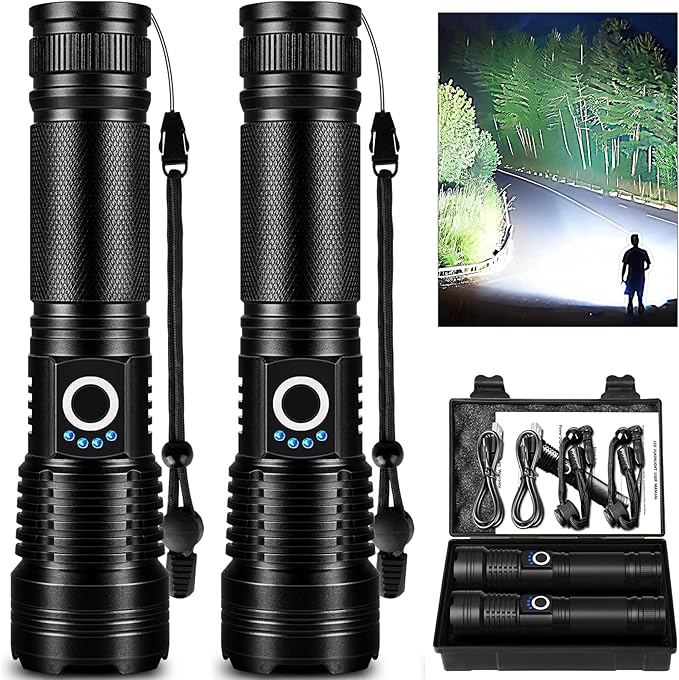 Lylting 2 Pack Rechargeable LED Flashlights High Lumens, 99,000LM Super Bright Adjustable Flashlight with USB Cable & 5 Modes, Waterproof Handheld Flashlight Powerful Flash Light for Home Camping