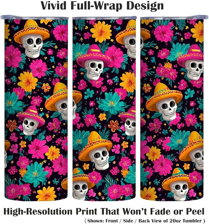 Firmiso 20 oz Tumbler｜Skinny Insulated Travel Mug｜Sombrero Skull Floral Stainless Steel Cup with Leak Proof Lid and Telescopic Straw｜Colorful Gothic Boho Drinkware｜Gift Idea for Women Men