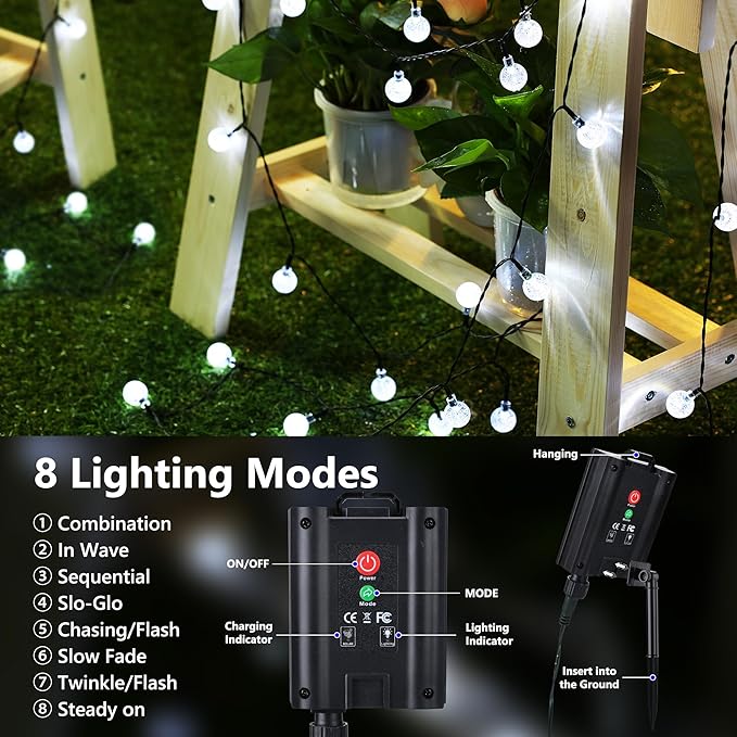 Joomer Solar Powered String Lights Waterproof, 39FT 60 LED Outdoor Solar String Lights Crystal Ball Light 8 Modes Globe Light for Garden, Gazebo, Porch, Lawn, Patio, Tree Decor (White)