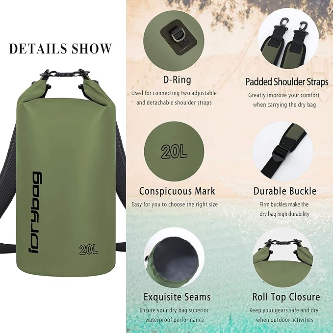 IDRYBAG Dry Bag for Kayaking Waterproof 2L/5L/10L/15L/20L, Small Dry Sack Waterproof Bag for Boating