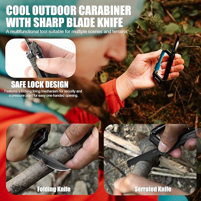 Carabiner Multitool with Pocket Knives, EDC Carabiners, Serrated Knife, Rope Cutter, Screwdriver, Can Bottle Opener, Ruler, Folding Knife for Camping Hiking, Stocking Stuffers Gifts for Men (Blue)