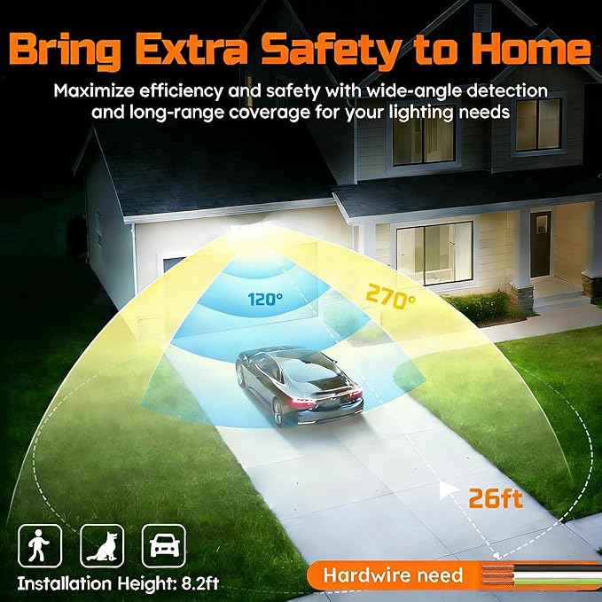 CLAONER LED Security Motion Sensor Outdoor Lights, 6500K Remote Control Floodlights, Dusk to Dawn 20W 3000LM Waterproof 3 Heads Hardwired Flood Light for Driveway, Garage, Porch (1 Pack)