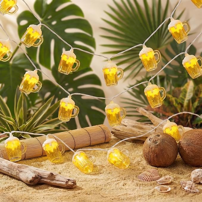 Beer Mug String Lights, 8.5FT 10 LED Summer Lights with UL Certified Plug, Waterproof Tropical Party Decorations for Patio, Warm White Hawaiian String Lights for Garden Backyard Bedroom Bar Decor